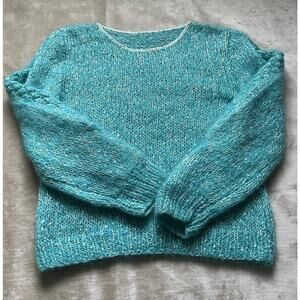 Vintage mohair Blend Sweater Woman Crew Blue Teal Turquoise White Wide Sleeves